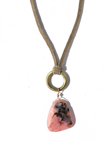 Pink Peruvian Opal on Grey Suede Necklace