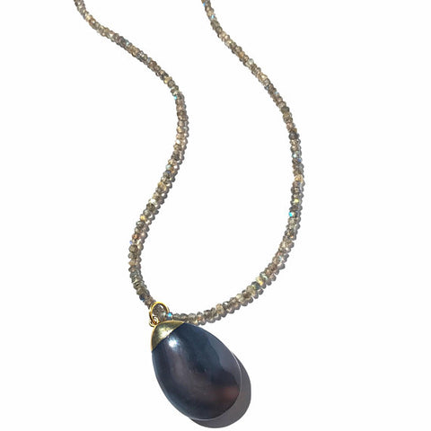 Teardrop Grey Agate Pendant Necklace on Labradorite Beads