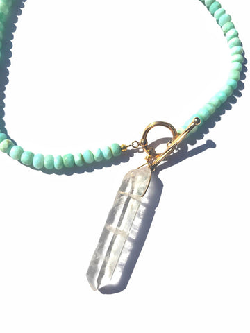 Quartz Crystal Front Toggle Necklace with Blue Peruvian Opal Beads