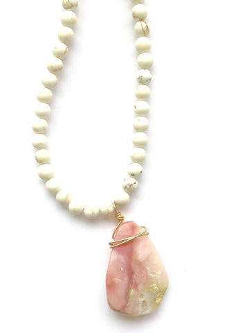 Soft Pink Opal on White Buffalo Turquoise Necklace